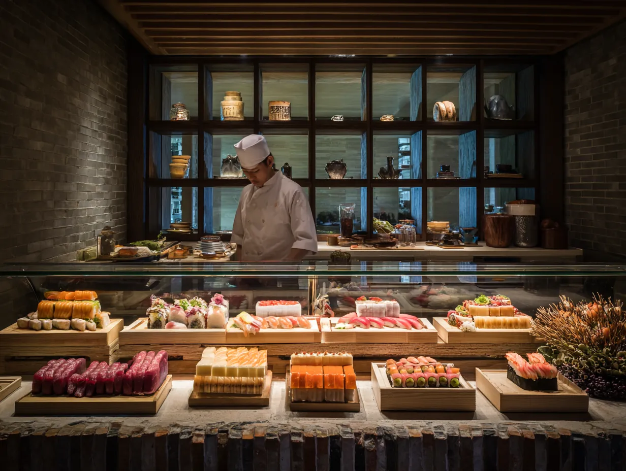 Experienced sushi chef demonstrating traditional Japanese culinary techniques