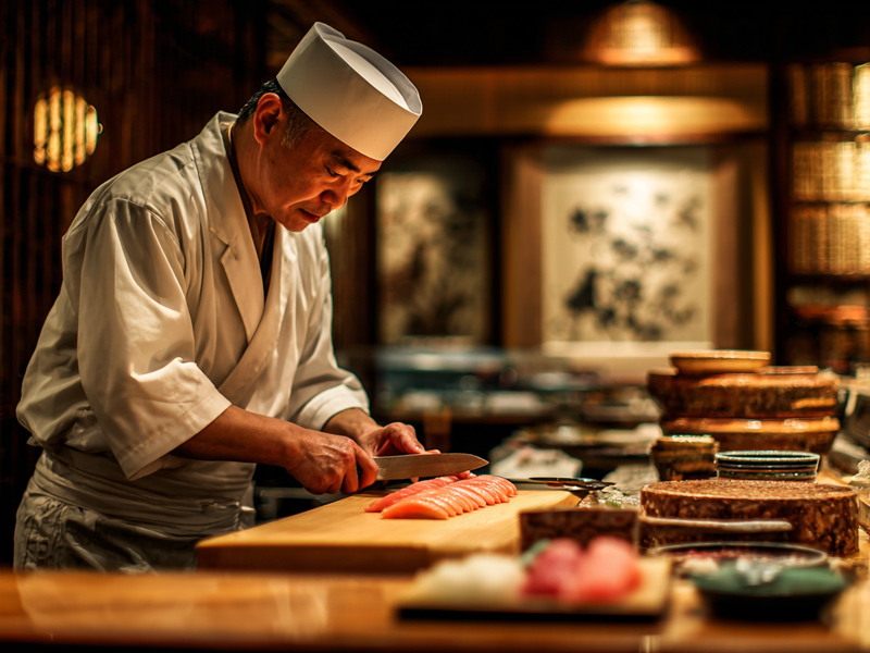 Award-winning Japanese sushi chef expertly preparing fresh sushi at Soho Japanese restaurant